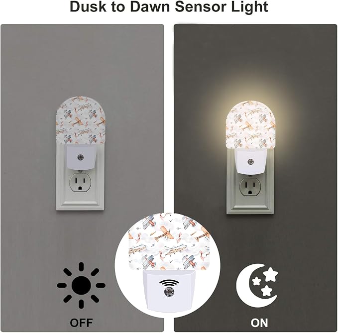 Funny Cartoon Airplanes Night Light, Retro Watercolor Planes Dusk to Dawn Night Light Plug in,0.5w Energy Saving Sleep Friendly NightLight for Kids Boys Girls Home Decor