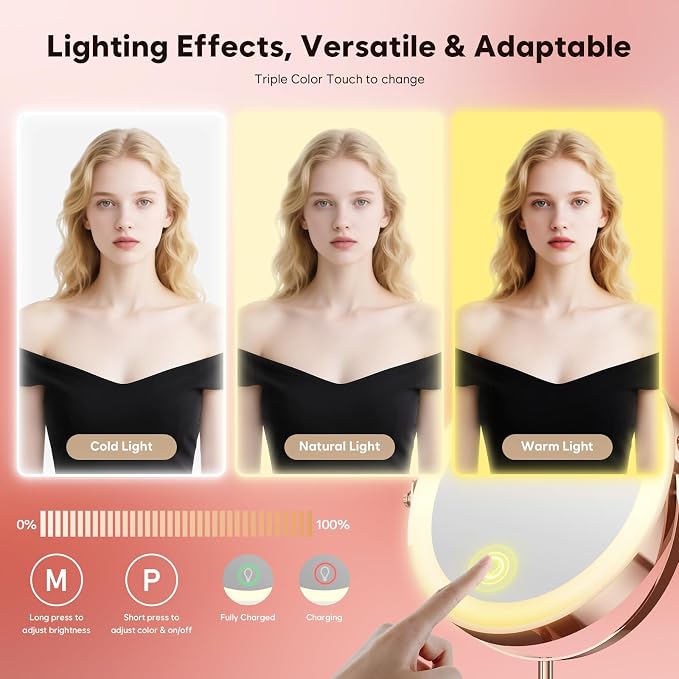 30X Makeup Mirror with Lights, Brightness Adjustable with 3 Colors, Double Sided Magnifying Mirror with 360° Rotation, Lighted Makeup Mirror with Magnification, Ideal Gift for Her - Rose Gold