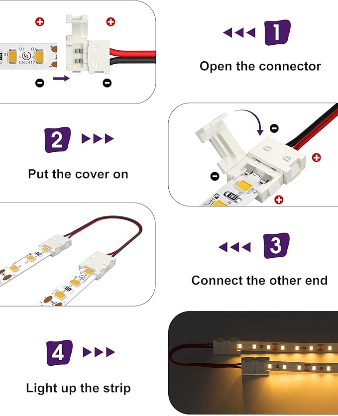 HitLights LED Light Strip Connector, 8mm Single Color 3528 - 6 Inch Any Angle Strip to Strip, 12 Pack