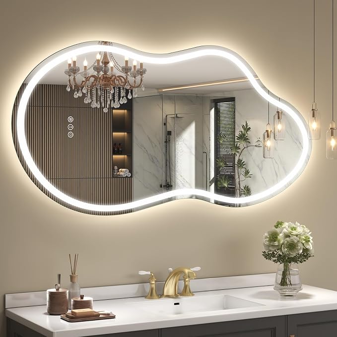 SMIROR 40x24 Irregular Led Lighted Bathroom Vanity Mirror | Asymmetrical, Cloud Shape, Front lighted + Backlit, Anti-Fog, 3 Colors, Dimmable, Memory, Tempered Glass, UL