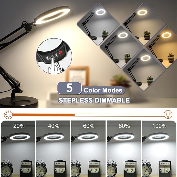12X Magnifying Glass with Light, Krstlv Upgrade Button 5 Color Modes Stepless Dimmable 2-in-1 LED Lighted Desk Lamp & Clamp, Hands Free Magnifier with Light and Stand for Craft Hobby Repair Close Work