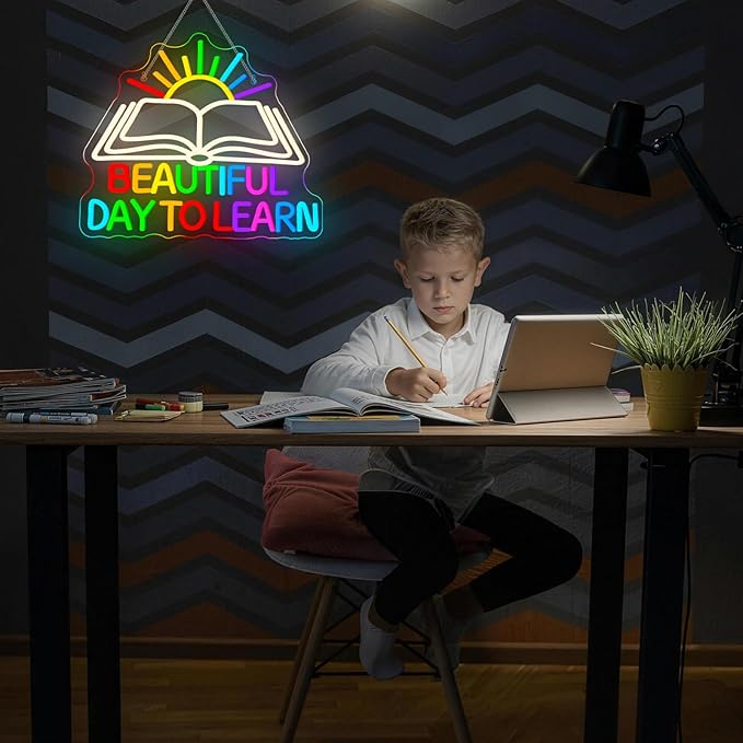 Beautiful Day Neon Sign To Learn Study Neon Signs for Classroom Wall Decor Rainbow LED Lights Up Classroom Bedroom in Reading Corner Decor Library LED Sign Study Office Gifts for Teens