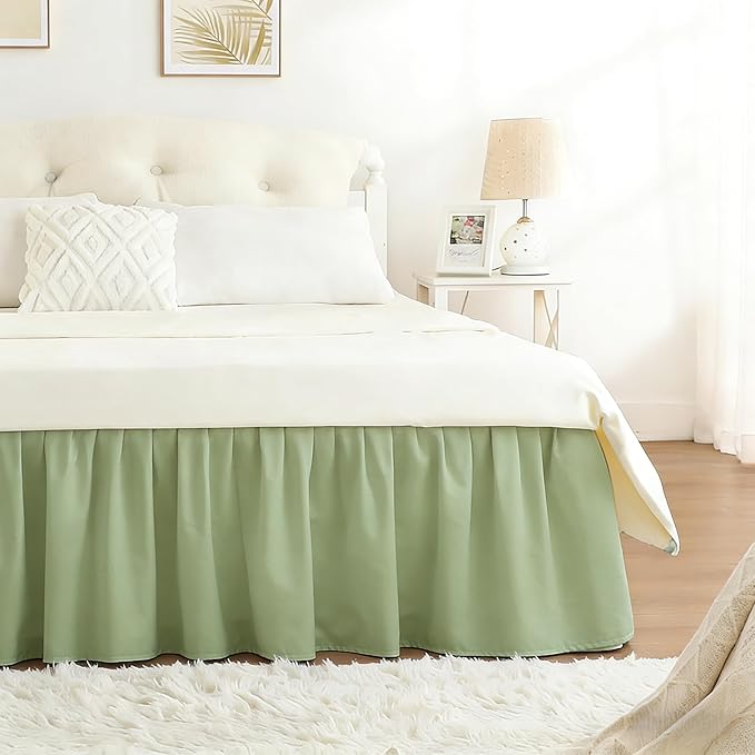 RIMELA Bed Skirt Queen Size 15 Inch Drop, Wrap Around Elastic Bedskirt for Home, Room Decoration for Women, Pleated Adjustable Dust Ruffle, Light Green, Easy to Install
