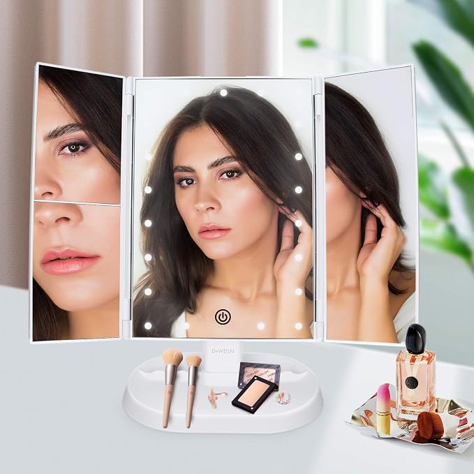 Trifold Lighted Vanity Makeup Mirror with 21 LEDs Lights,1x/2x/3x Magnification and Touch Screen Dimming,Two Power Supplies Makeup Mirror, Gift for Women