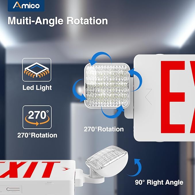 Amico 4 Pack Double-Sided Exit Sign with Emergency Lights, Two LED Adjustable Head with Battery Backup, ETL Certified, AC 120/277V, Commercial Emergency Lights Combo for Business