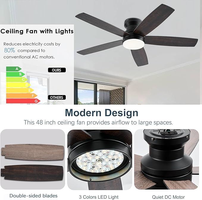 Ceiling Fans with Lights, 48Inch Low Profile Ceiling Fan with Light and Remote/App Control, Flush Mount, Reversible, 3CCT, Dimmable, Noiseless, Indoor/Outdoor Patios (Brown)