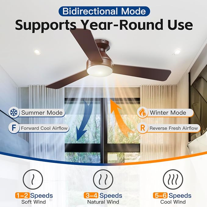 42 Inch Ceiling Fans with Lights And Remote, 3CCT/Flush Mount/6 Speed/Brown | Flush Mount Low Profile Ceiling Fan, 6 Speed Noiseless LED Ceiling Fan, Advanced Brown Ceiling Fan for Bedroom Living Room