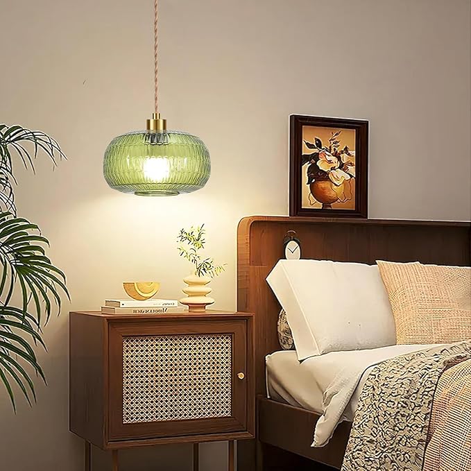 Plug in Pendant Light Glass Hanging Lights with Plug in Cord Boho Hanging Lamp Gold Mid Century Modern Vintage Dimmable Green Flower Plug in Chandelier Ceiling Fixture for Living Room,Kitchen