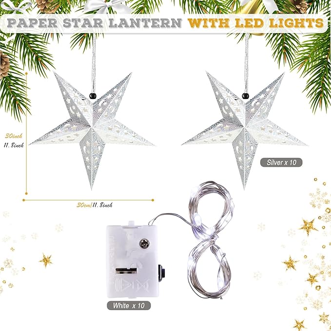 Zhanmai 10 Pcs Large 3D Silver Paper Star Lantern with 10 LED Lights 11.8 Inch 5 Point Hollow Hanging Paper Star Lampshade Decoration Light Lanterns for Wedding Birthday New Year Party Home Decor
