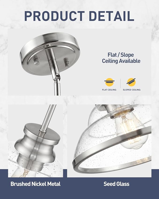 kudos 11" Brushed Nickel Seeded Glass Pendant Light, KDPL14-BN | E26 Bulb Base, Hardwired, Farmhouse Styling, Adjustable Hanging Rods for Flat or Sloped Ceilings, for Kitchen Bars