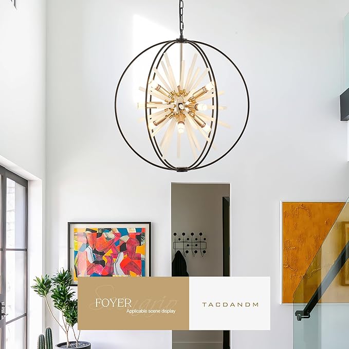 23.6" Black Gold 12-Light Globe Sputnik Chandelier Modern Firework Hanging Ceiling Glass Tube Pendant Light Fixture for Entryway Foyer Staircase Dining Living Room Hallway
