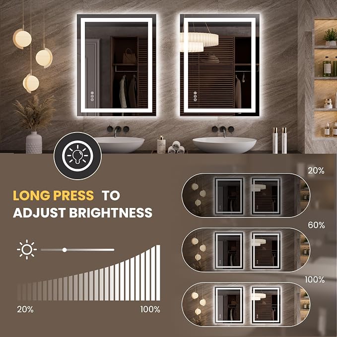 LOAAO 27.6"x35.4" LED Bathroom Mirror with Lights | Anti-Fog, Dimmable, 3 Color Temperature, Backlit + Front Lit, Memory Function, Tempered Glass, UL Listed
