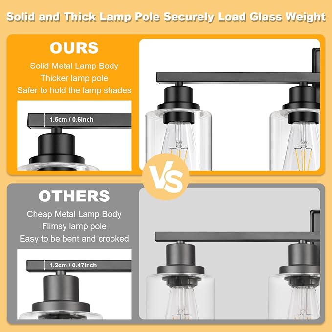 Modern Black Bathroom Light Fixtures, 4-Light Vanity Lights Over Mirror with E26 LED Bulbs Included, Wall Sconce with Clear Glass Shades for Living Room Bedroom Hallway Kitchen