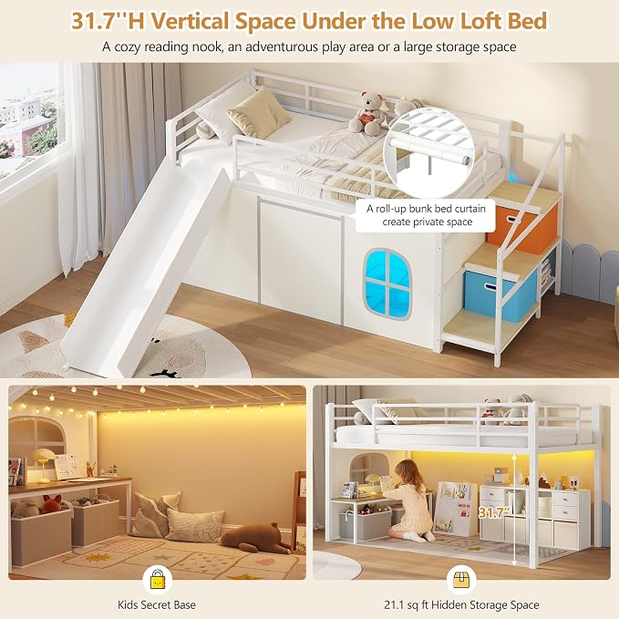 DICTAC Low Loft Bed with Slide,Storage Stairway and Led Lights Metal Twin Size Loft Bed with Under-Bed Play Space,Art Table & Play Curtain Twin Beds with 2 Drawers and 13.8''H Safety Guardrail,White