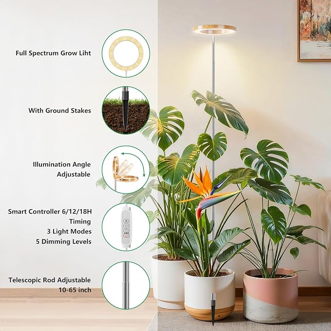 SDOVUERC Full Spectrum Grow Lights for Indoor Plants – Adjustable Height Plant Lamp with Wood‑Grain Finish, 6/12/18H Timer, 3 Color Modes, Perfect Plant Lights for Houseplants Growing(Pack 2)