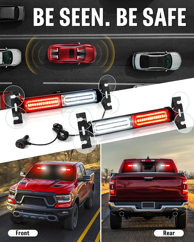 HLauto 1002L Emergency Strobe Traffic Advisor Light Bar: 40LED Dash Safety Warning Flashing Front/Rear Windshield Visor Light for Construction Vehicle, Trucks (2x10.7inch, Red White)
