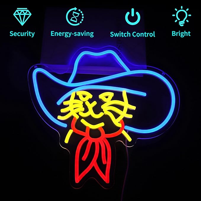 Cat Neon Sign LED Neon Signs for Wall Decor Cowboy Hat Cat Light Neon Signs for Room Home Party Birthday Bar Beer Signs for Man Cave - LED Neon USB Powered