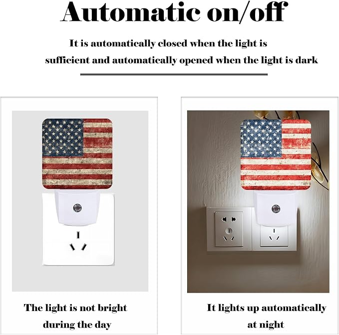 American Flag Night Light,Plug Into Wall for Boys Girls Bedroom Decorative Square Night Light Lamp 0.5w Sleep Friendly