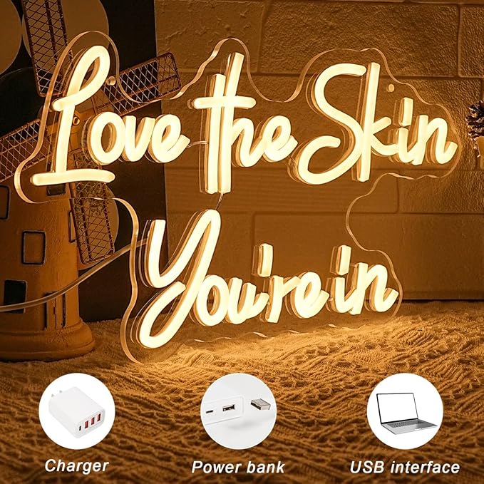 ''Love the Skin You're in'' Neon Sign Facial Spa Neon Light for Wall Decor Warm White Letters Neon Lights Beauty Salon Sign for Business Skin Care Salon Beauty Shop Decorations