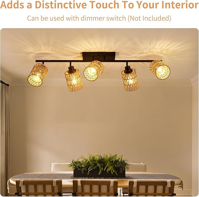 5-Light Track Lighting Fixtures Ceiling E26 Rattan Farmhouse Boho Ceiling Track Lighting Directional Rotatable Modern Track Ceiling Light Fixtures for Kitchen Bedroom Living Room Hallway Foyer