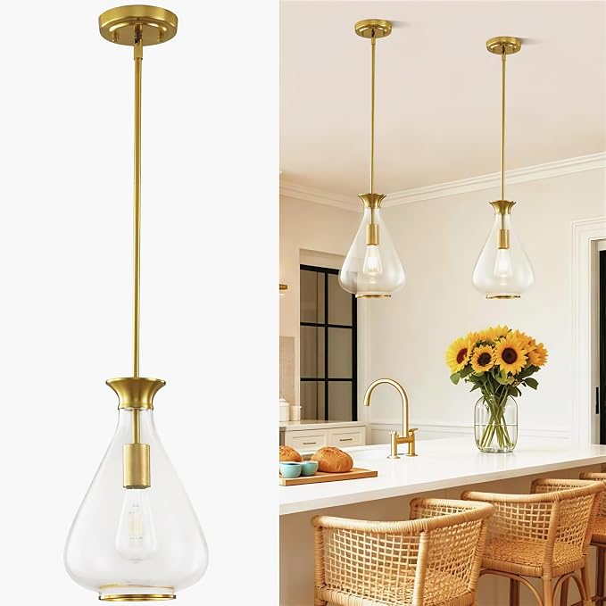 2 Pack Modern Pendant Lights Kitchen Island, Brushed Gold Pendant Light Fixtures with 8.5" Clear Glass Shade, Industrial Hanging Pendant Lights Fixture for Kitchen Island Dining Room Hallway Entryway