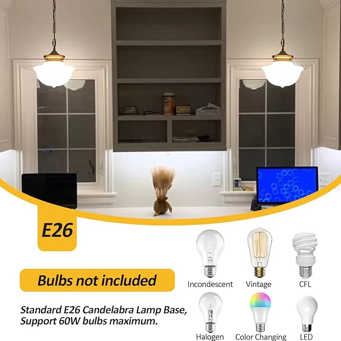 Schoolhouse Pendant Fixtures, 9" Brass Gold Milk Glass Pendant Light, Adjustable Mid Century Ceiling Pendant Lighting for Bedroom Kitchen Living Room Hallway Dining Room