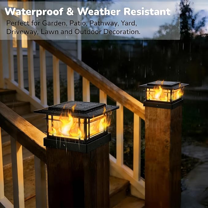 Dynaming 4x4 Solar Post Cap Lights Outdoor with Flickering Flame Light, 12 Pack Black Shell Fence Post Solar Lights Fit Vinyl/Wooden Posts, Brightness LED Lighting Decor for Garden Deck Patio