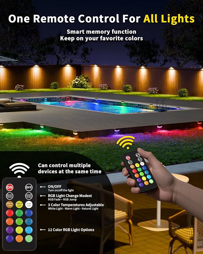 Solar Deck Lights Outdoor 20 Pack, 12 Color Changing Solar Powered Step Lighting with Remote, IP67 Waterproof Led RGB Colors Lamp for Outside Fence, Step, Stair Railing, Wall, Patio, Pool