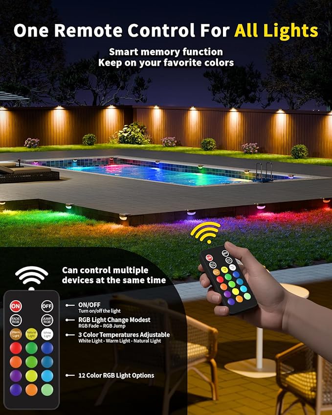 Solar Deck Lights Outdoor 4 Pack, 12 Color Changing Solar Powered Step Lighting with Remote, IP67 Waterproof Led RGB Colors Lamp for Outside Fence, Step, Stair Railing, Wall, Patio, Pool