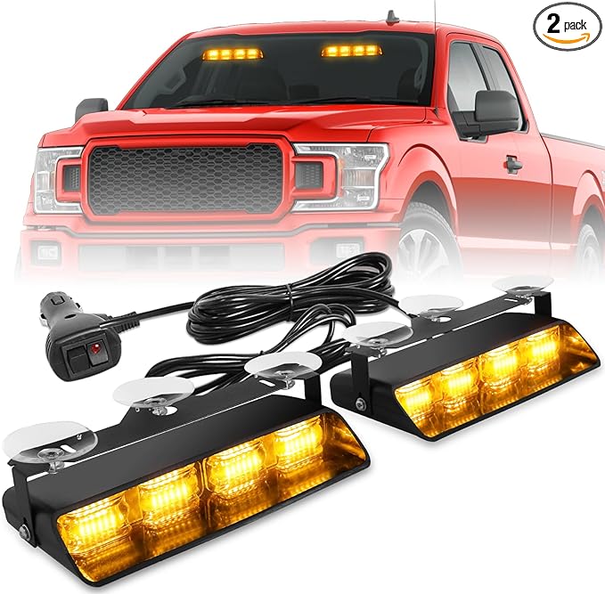 HLauto 2002L Emergency Dash Strobe Lights: Amber Safety Lights, Flashing Warning Hazard Windshield Visor Traffic Light Bars for Trucks, Construction Vehicles (2x8.5 inch, 48LED)