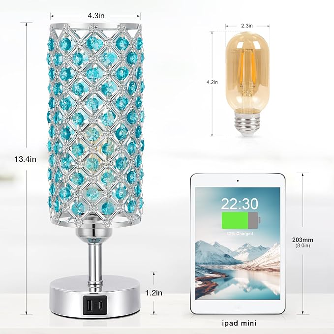 Hong-in Blue Crystal Table Lamp - 3-Way Dimmable Touch Control, Bedside Lamp with USB C and A Ports, Nightstand Light for Living Room, Bedroom, Home Office (Bulb Included)