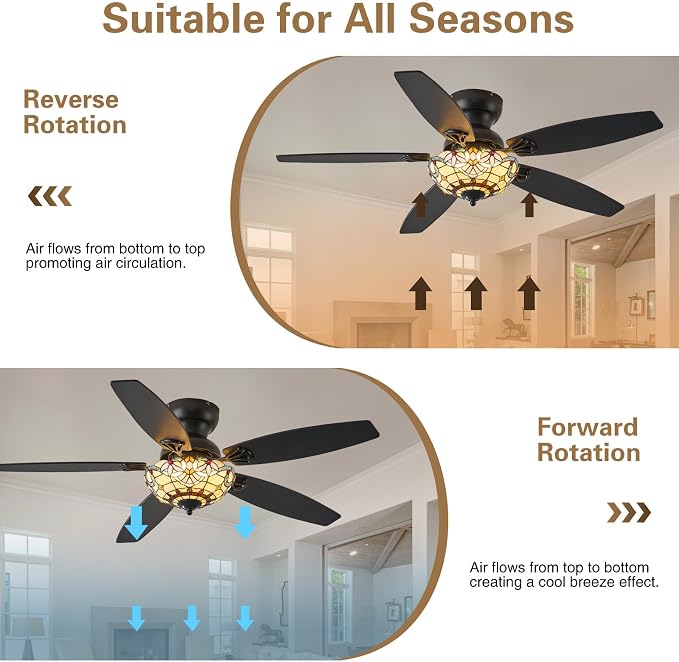 Tiffany Ceiling Fans with Lights-52"Ceiling Fan Chandelier and Glass Shade | 52" Ceiling Fan Chandelier with 5 Dual-Blades and Glass Shade, 6 Speeds and Reversible, Indoor and Outdoor, Retro Style