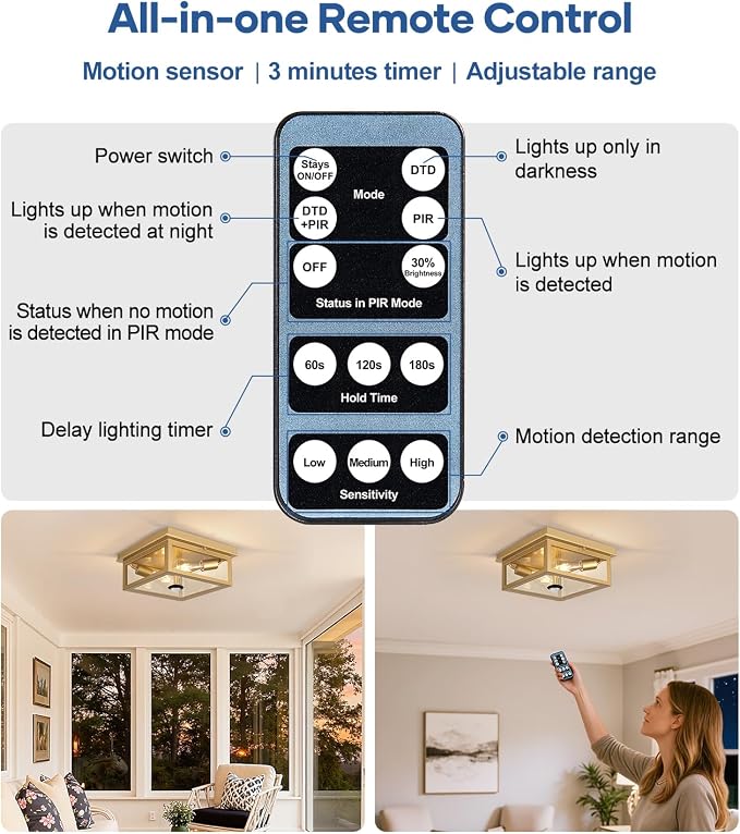 Lynnoland Motion Sensor Outdoor Ceiling Light with Remote, 12.2 Inch Gold Flush Mount Porch Light Fixture with United Glass Cover, 5 Modes Outside Flush Mount Light for Porch, Garage, Patio, Entryway