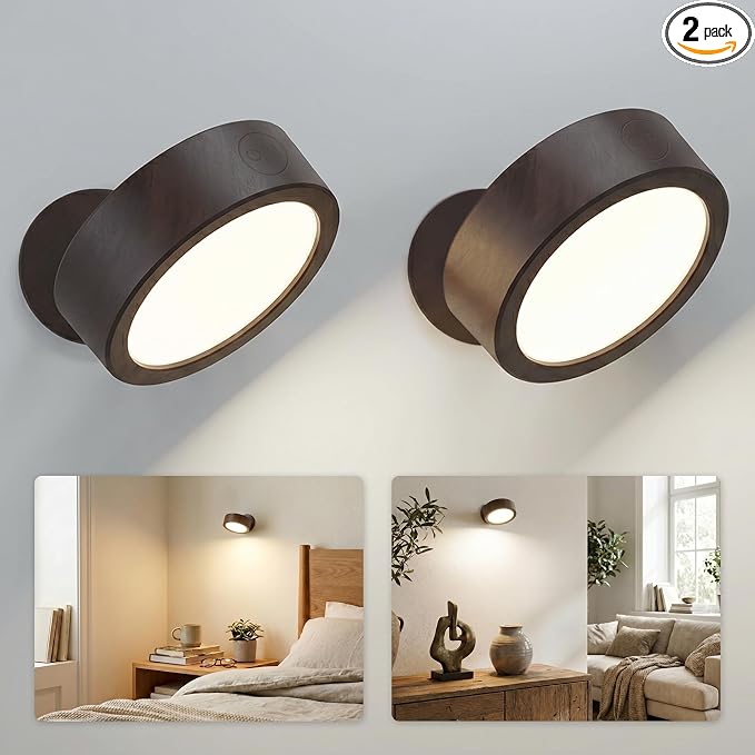EZVALO LED Wall Mounted Light, 3000mAh Rechargeable Cordless Wall Sconce, Dimmable with Remote & Touch Control, 3 Color Temps, 360° Rotatable for Bedroom, Bedside, Reading(Walnut, 2Pack)
