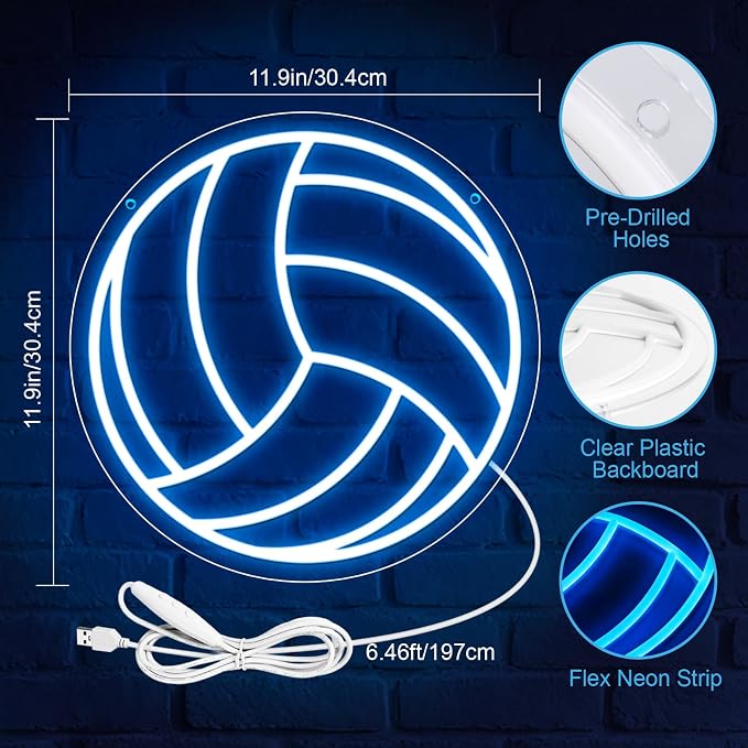 Volleyball Neon Sign, Dimmable LED Neon Volleyball Light, USB Powered Wall Decor for Bedroom, Game Room, Dorm Room, Volleyball Gifts for Teens, Players, Fans