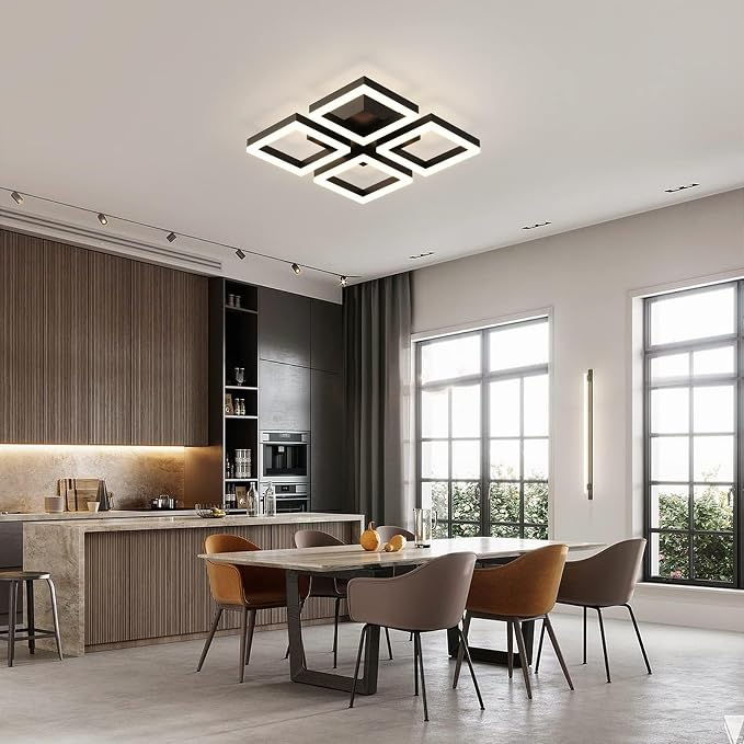 GEADI Modern Black LED Ceiling Light, 17.7" Dimmable Flush Mount Fixture | 52W 4-Square Geometric Ceiling Lamp with Remote, 3000K-6500K Dimming, Low Profile for Bedroom, Kitchen, Living Room