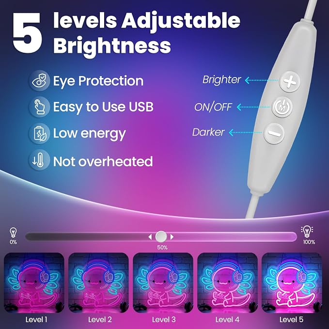 Cute Axolotl Gaming Neon Sign with Headset & Controller,LED Neon Wall Light for Gamer Room Decor,USB Powered Dimmable Neon Light for Bedroom,Teens Room,Game Setup