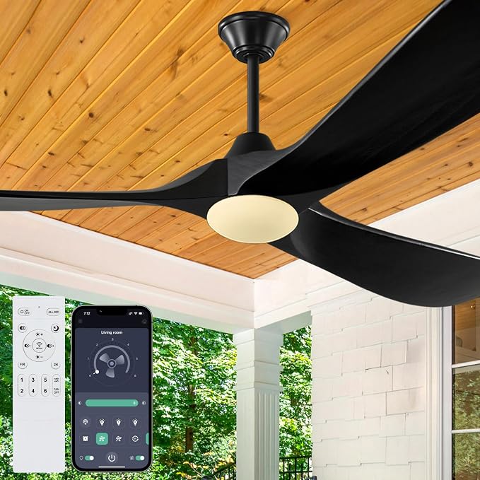 Outdoor Ceiling Fans with Lights-Glass Lamp, 52 inch Damp Rated Wood Propeller Blades for Patios & Porch, Smart APP and Remote Control, 3 Blades Dimmable LED Ceiling Fans, High CFM 6 Speed-Black