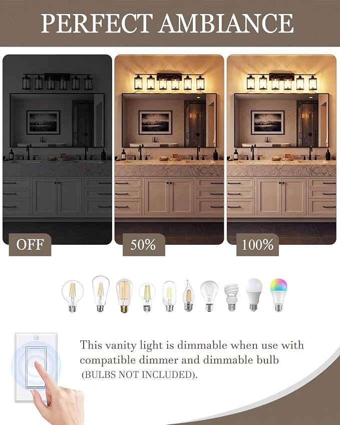 6-Light Matte Black Bathroom Light Fixtures Over Mirror with Clear Glass and Metal Cage Shade, 42" UL-Listed Modern Farmhouse Wall Sconce for Bath, Hardwire E26, OS-3014BK-6W
