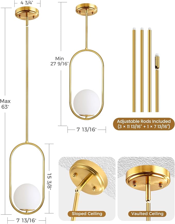 Majade Pendant Lights Kitchen Island, Mid Century Modern Pendant Light Fixtures, 2 Pack Gold Globe Glass Pendant Lighting, Brass Chandelier Adjustable Hanging Light for Dining Room Bathroom Bedroom