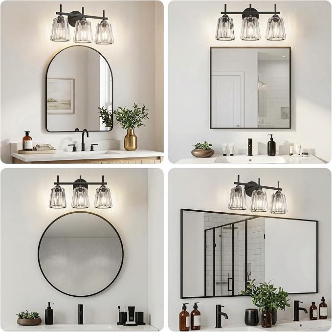 Crystal Bathroom Light Fixtures Over Mirror, Black 3-Light Bathroom Vanity Lights Over Mirror Modern Wall Lighting Sconces with Ceramic E26 Base (Bulbs Not Include)