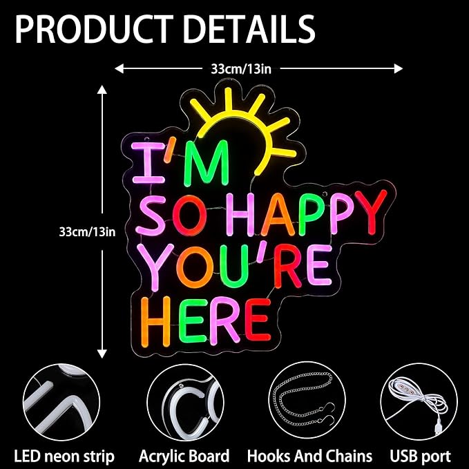 I'm So Happy You're Here Neon Sign Dimmable Letter Positive Affirmation Neon Light USB Powered Colorful Welcome Light Up Sign for Classroom Wedding Party Store Home Wall Art Decor