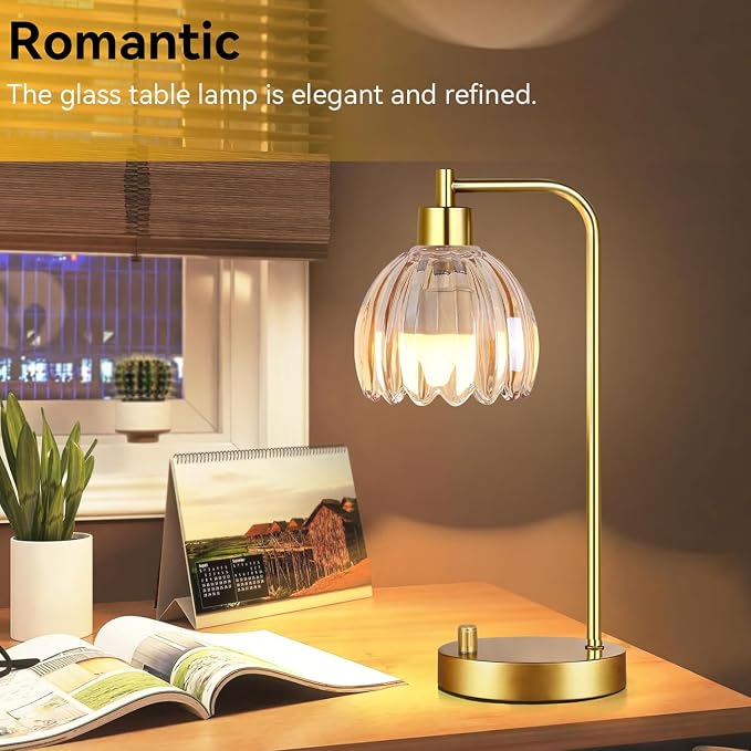 ILLMTW Glass Table Lamp Set of 2,Small Gold Bedside Lamps Dimmable Boho Bedroom Lamp with Tulip Flower Amber Lamp Shade,Vintage Mid Century Modern Mini Nightstand Lamp for Bedroom Living Room