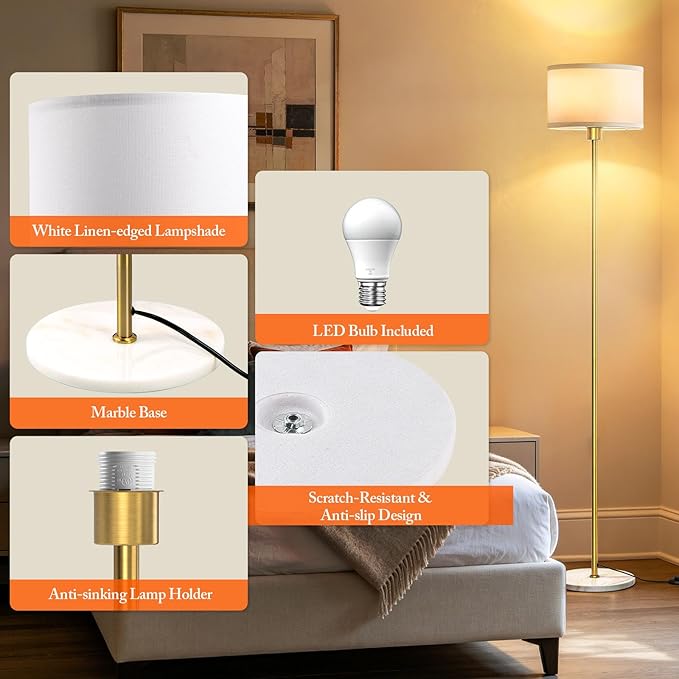 63" Gold Floor Lamp for Living Room, Standing Lamp with Marble Base | Tall Pole Light with White Linen Shade, Modern Floor Lamp for Bedroom Reading Office Corner Nursery, Bulb Included
