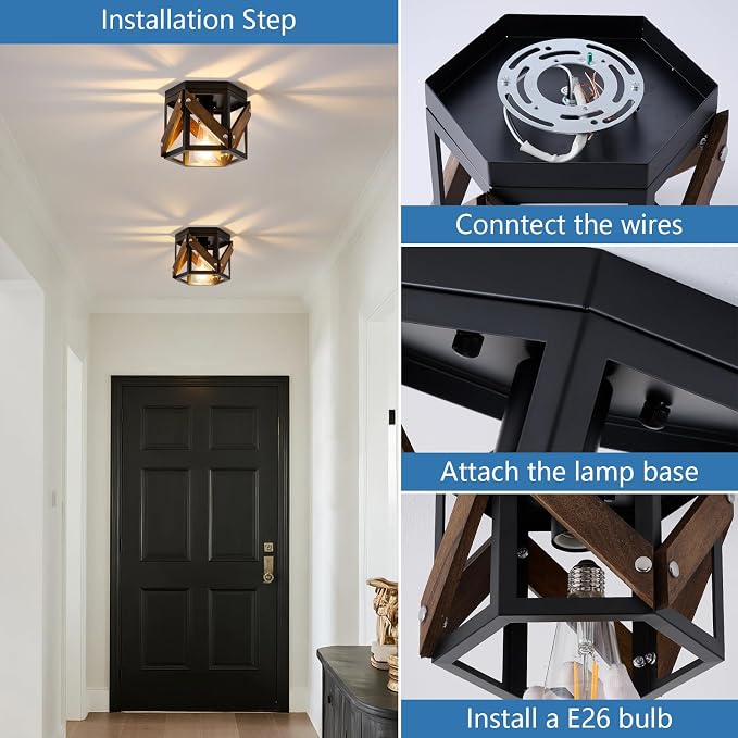 XSDeTu 2 Pack Farmhouse Flush Mount Ceiling Light, Rustic Hallway Light Fixtures Ceiling, Vintage Black Lighting Fixtures with Metal and Wood Cage, Small Chandelier for Kitchen Sink Entryway Bathroom