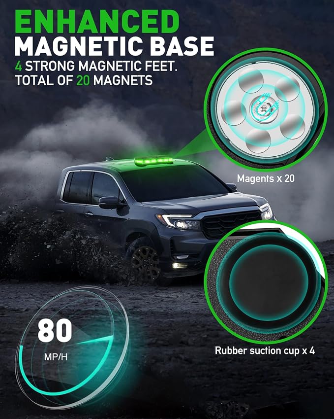 HLauto 406D Rooftop Emergency Strobe Lights Bar, 102 LED Green Mini Beacon Safety Flashing Warning Traffic Lights Bar w/Magnetic Base for 12-24V Trucks, Construction Vehicles, Snowplow, Cars