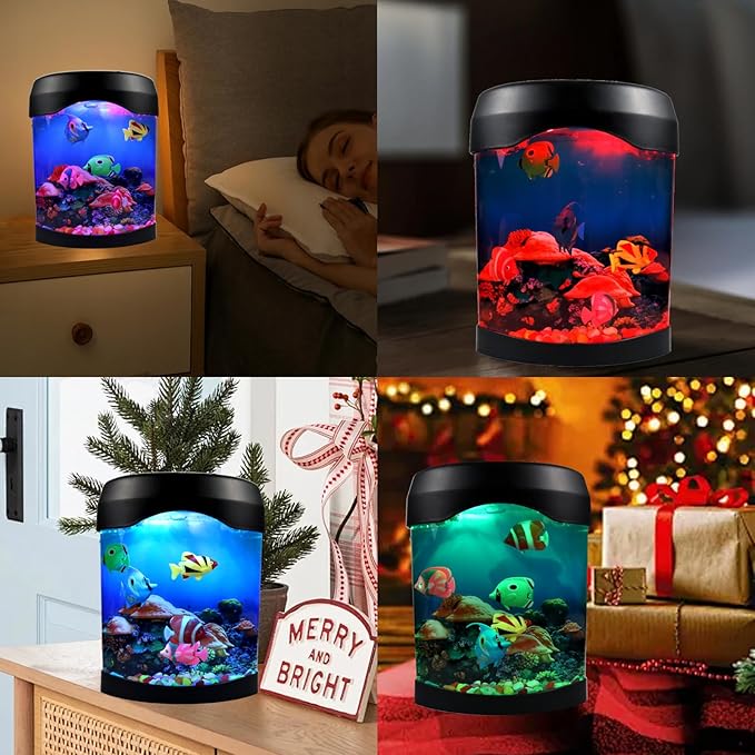 Toycol Fake Fish Lamp, Nightly Lifelike Desk Electric Mood Light, LED Light Tank with 6 Color Changing and (5 Fake Fish) Mini Aquarium for Home Office Deco Adults,Gifts for Kids and Adults