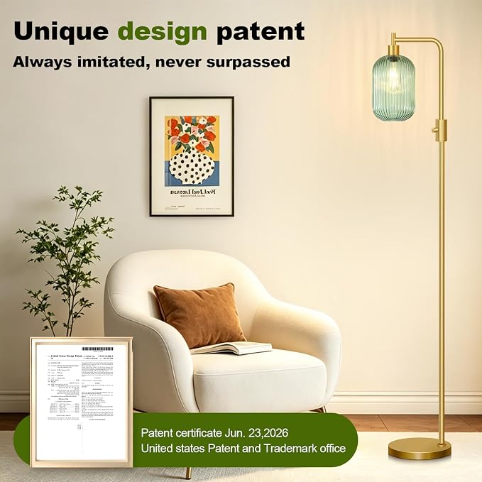【Upgraded】 Dimmable Floor Lamp for Living Room with Green Ribbed Glass Lampshade, Gold Modern Floor Lamp with 900LM LED Bulb Included, Arc Standing Tall Lamp for Bedroom, Office, Reading Room, Corner