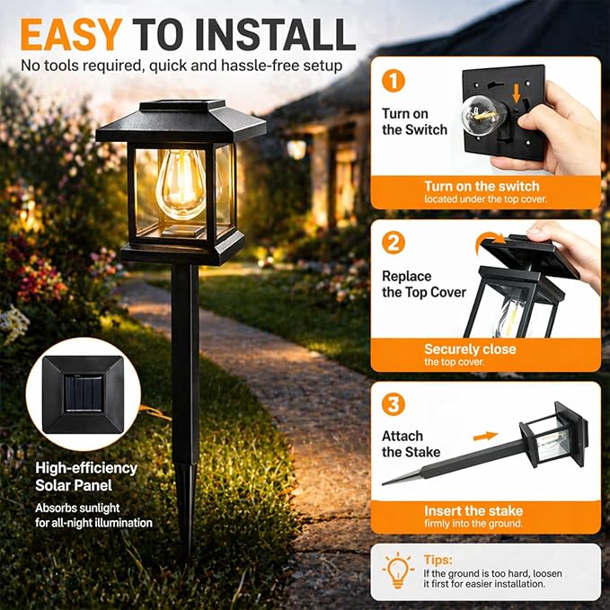 Solar Pathway Lights 6-Pack for for Yard Walkways | IP65 waterproof solar landscape lights. High-efficiency panels provide auto dusk-to-dawn glow for yard and driveway security