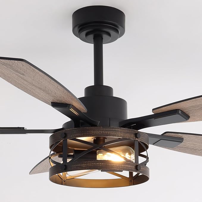 50 Inch Ceiling Fans with Lights and Remote & APP Control, Farmhouse Ceiling Fan with LED Lighting for Bedroom Living Room and Patio, Black Caged Ceiling Fan for Indoor and Outdoor(NO BULBS）